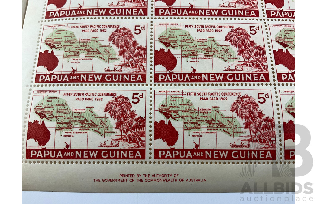 1960's Papua New Guinea Pre Decimal Stamp Sheets and Blocks Including Five Pence 1962 South Pacific Conference, Five Pence and Two Shilling World United Against Malaria