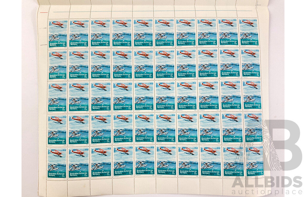 1973 Australian Antarctic Territories Eight Cent Stamp Sheets, Rymill's D.H Fox Moth 1934-37