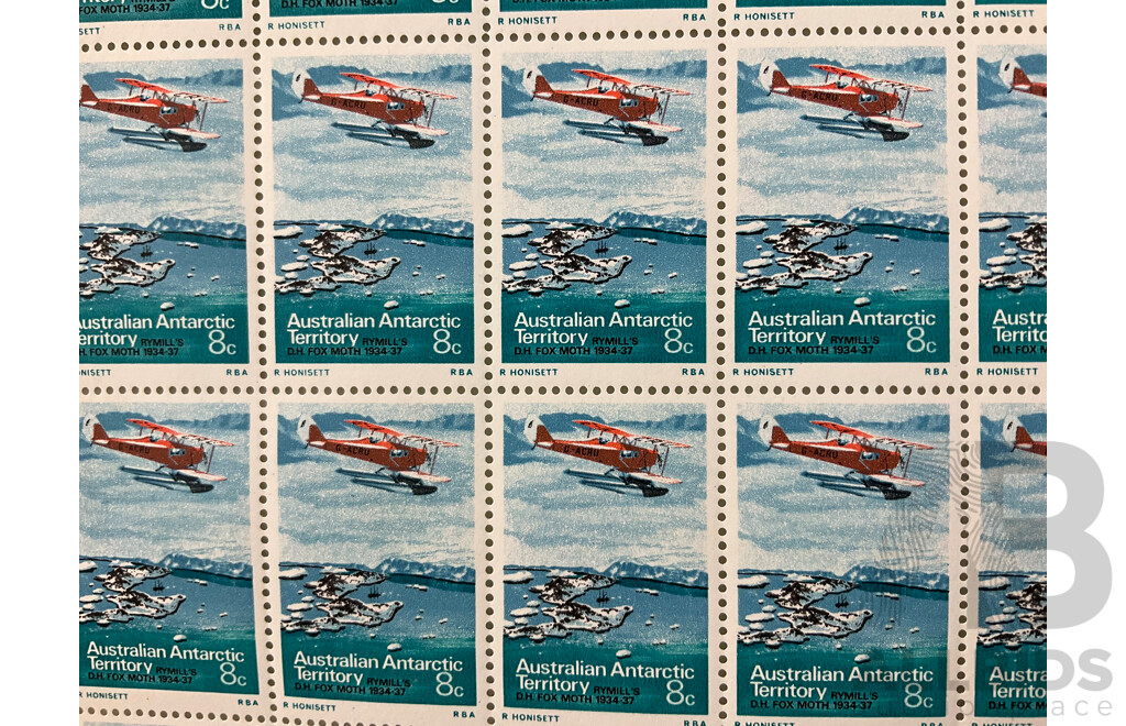 1973 Australian Antarctic Territories Eight Cent Stamp Sheets, Rymill's D.H Fox Moth 1934-37