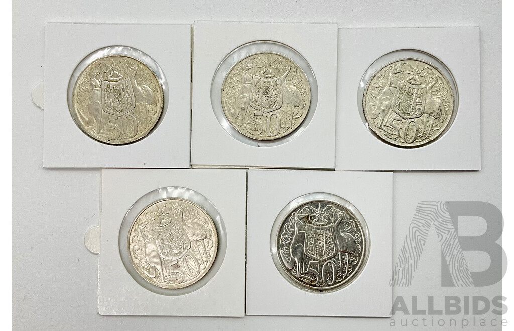 Australian 1966 Round Fifty Cent Coins .800 Silver (5)
