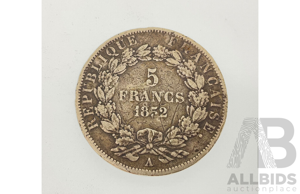 France 1852 Five Silver Francs Coin, Louis-Napoléon Bonaparte, Paris Mint .900