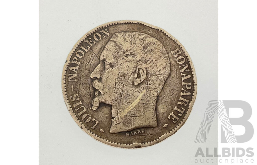 France 1852 Five Silver Francs Coin, Louis-Napoléon Bonaparte, Paris Mint .900