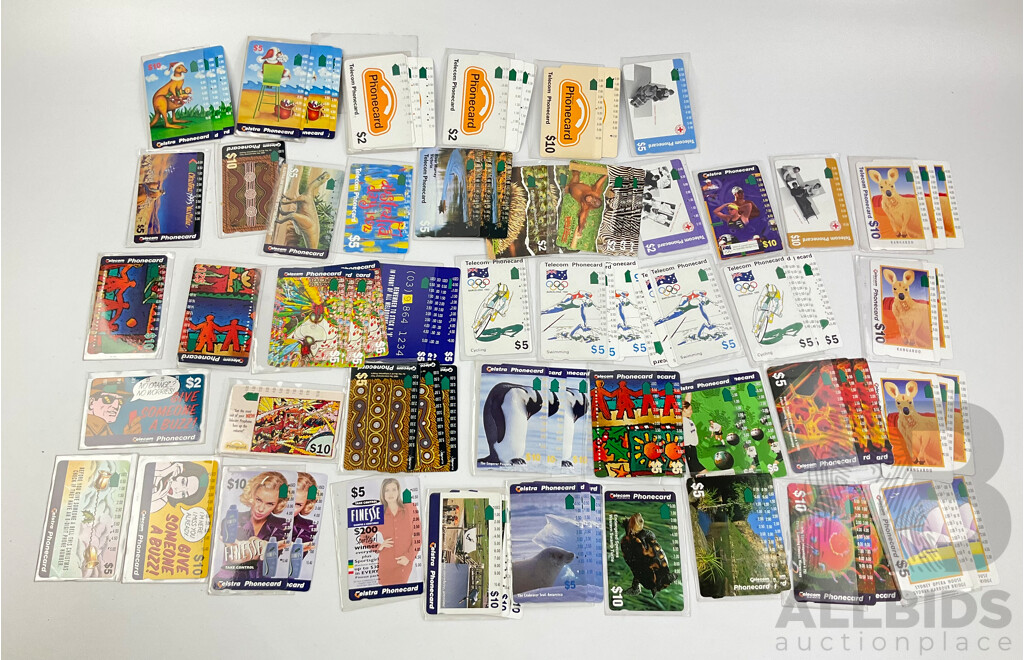 Collection of Australian 1990's Phonecards Including River Murray Victoria,  Australia Day, Barcelona 1992, Protective Sleeves, Many Multiples