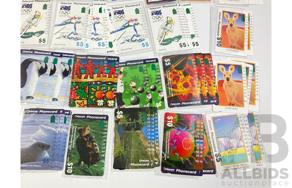 Collection of Australian 1990's Phonecards Including River Murray Victoria,  Australia Day, Barcelona 1992, Protective Sleeves, Many Multiples