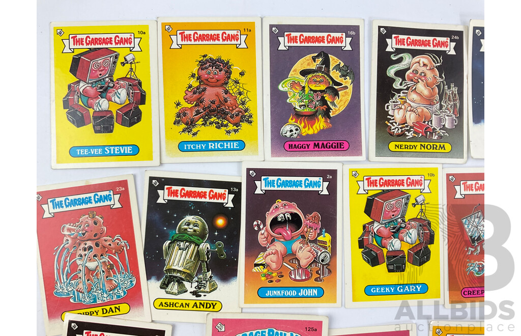 1980's Topps Garbage Pail Kids/Garbage Gang Collector Cards Including Slobby Robbe, Frigid Bridget, Loony Lenny, Heavin' Steven and More