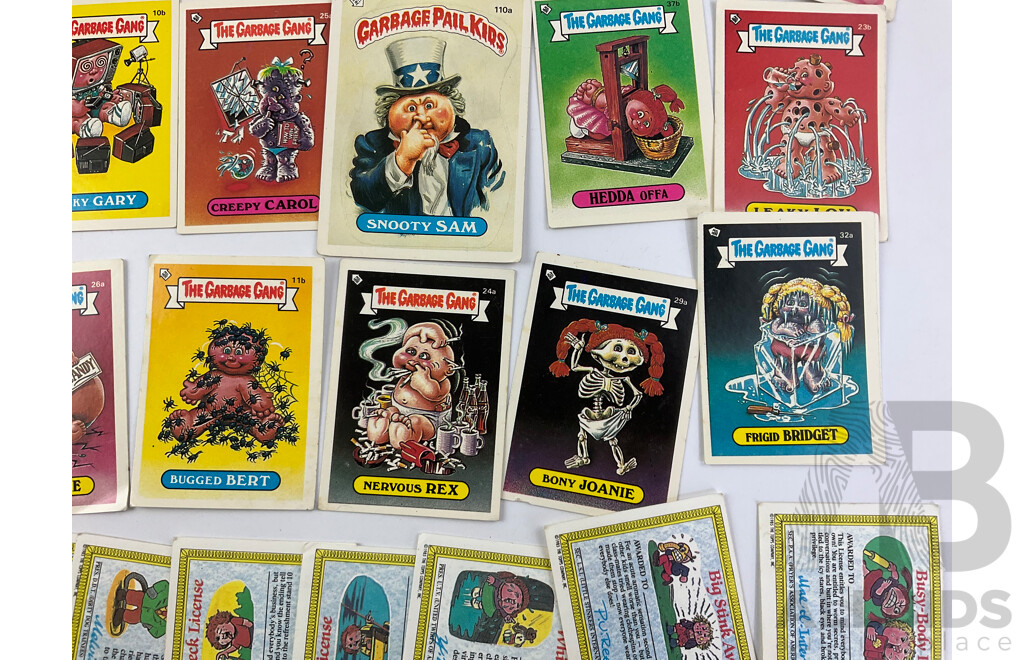 1980's Topps Garbage Pail Kids/Garbage Gang Collector Cards Including Slobby Robbe, Frigid Bridget, Loony Lenny, Heavin' Steven and More