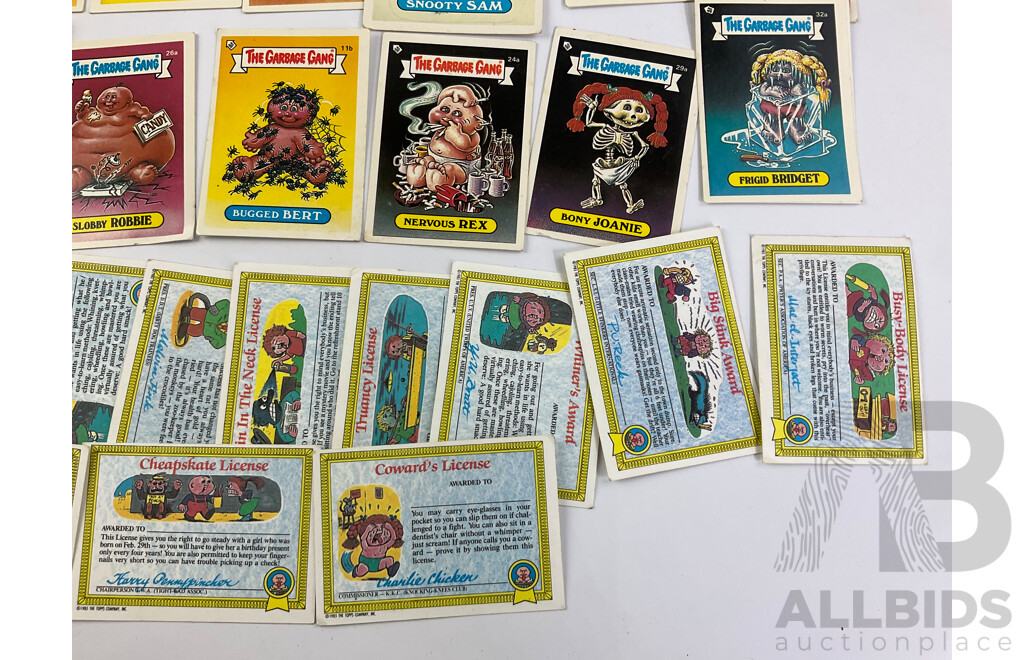 1980's Topps Garbage Pail Kids/Garbage Gang Collector Cards Including Slobby Robbe, Frigid Bridget, Loony Lenny, Heavin' Steven and More