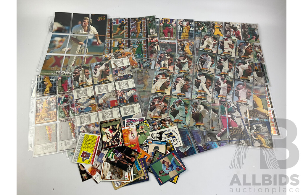 Collection of Futera Cricket Collector Cards Including Brian Lara, Shane Warne, Coutney Walsh, Ian Healy with Mixed AFL, Baseball and Basketball Cards