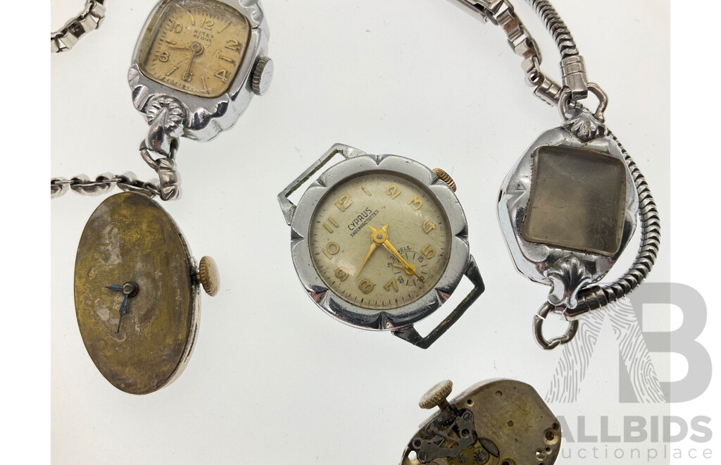 Collection of Women's Watch Movements and Cases Including Cyprus and Ritex De Luxe