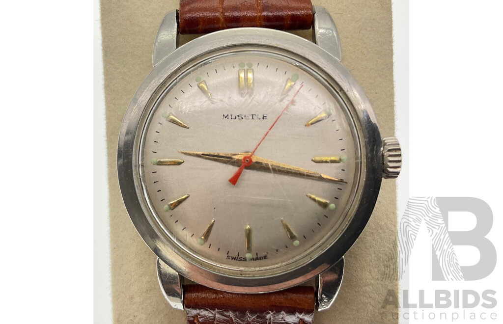 Vintage Musetle Wrist Watch with Leather Strap, Swiss Made