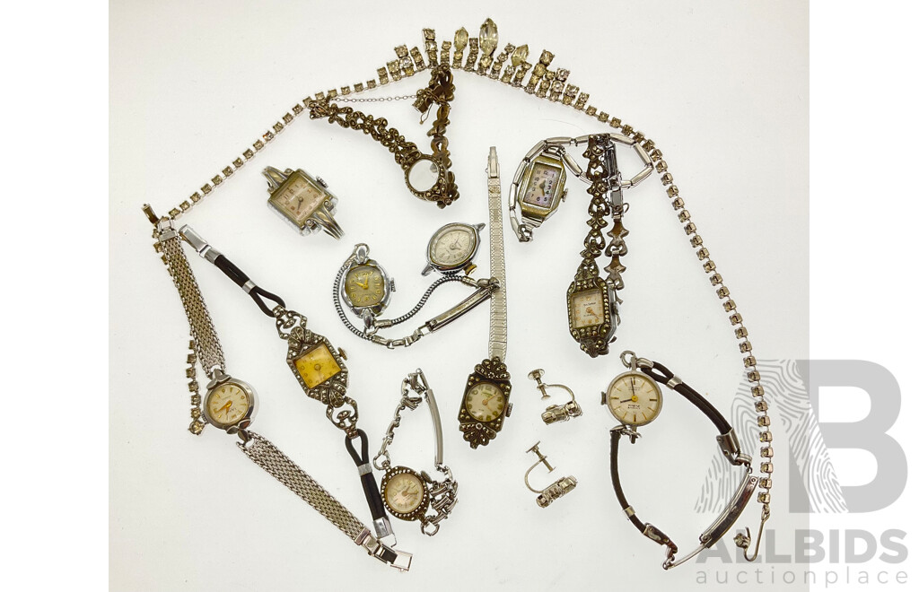 Collection of Women's Watches for Parts or Repair Including Cyprus, Unicorn, Falcon, Waltham, Swiss Made Examples and More