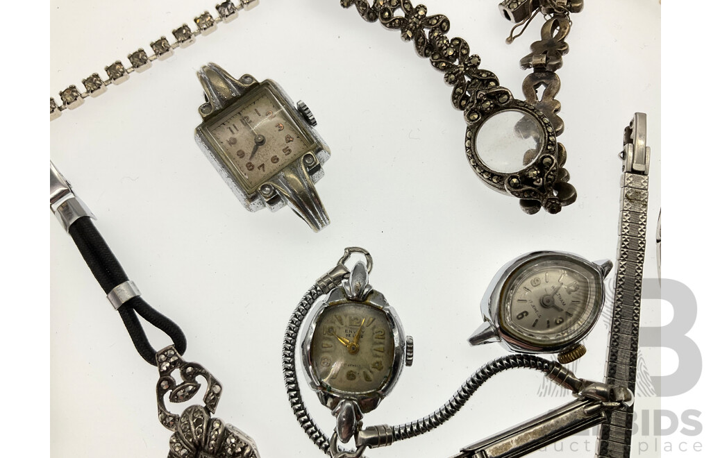 Collection of Women's Watches for Parts or Repair Including Cyprus, Unicorn, Falcon, Waltham, Swiss Made Examples and More