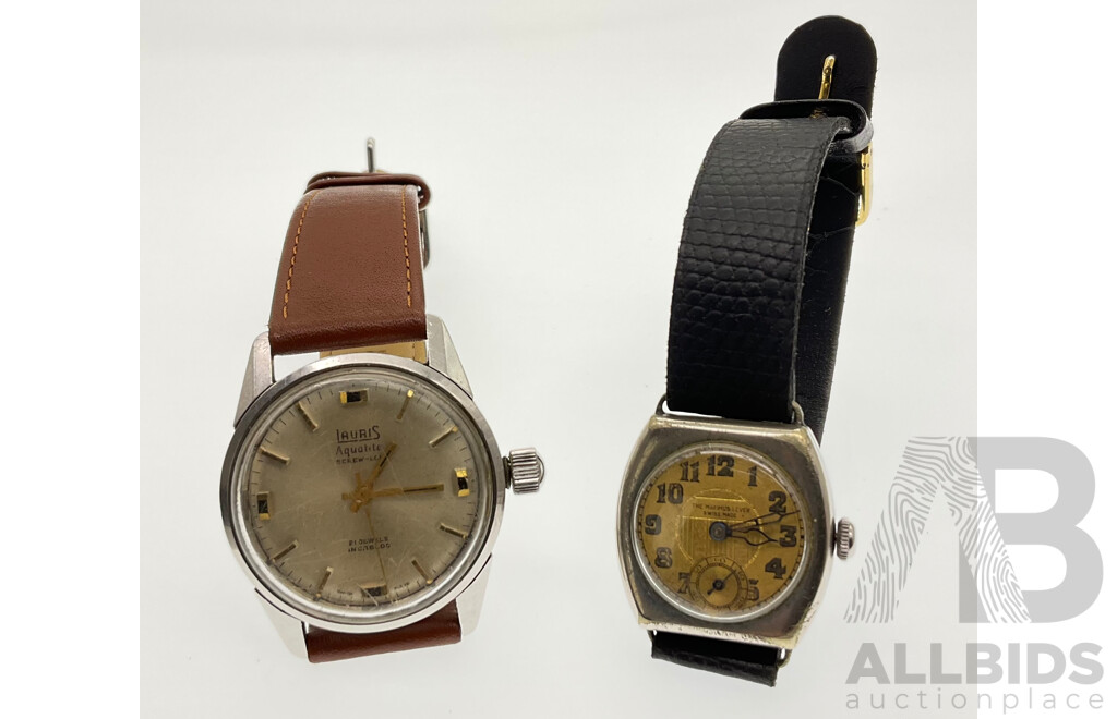 Vintage Wrist Watches, Lauris Aqualite Screw Lock, Twenty One Jewels and the Maximus Lever with Seconds Dial, Both Swiss Made