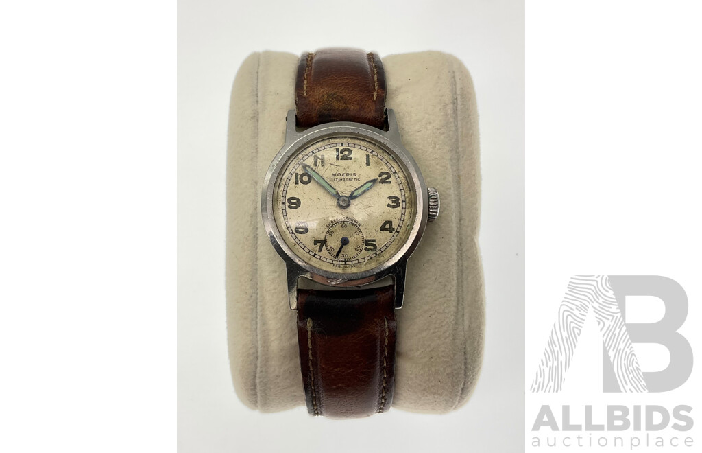 1940's Moeris Antimagnetic Wrist Watch with Seconds Dial and Leather Strap, Swiss Made