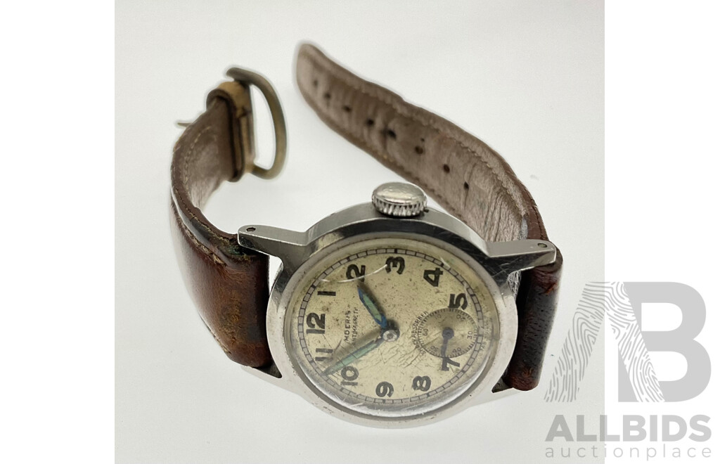 1940's Moeris Antimagnetic Wrist Watch with Seconds Dial and Leather Strap, Swiss Made