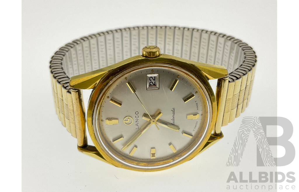 Men's Vintage Lanco Automatic Wrist Watch with Date Function and Rolled Gold Strap, Swiss Made