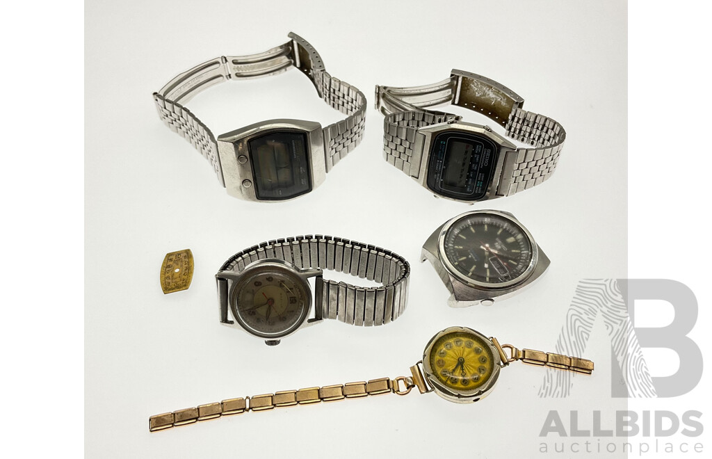 Collection of Vintage Watches for Parts or Restoration Including Seiko Five, Seiko Digital Chronograph, Racine