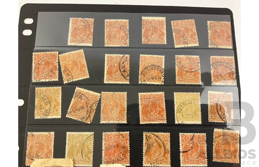 Australian 1913-1930's KGV Cancelled Stamps, Five Penny Chestnut Brown, Various Water Marks