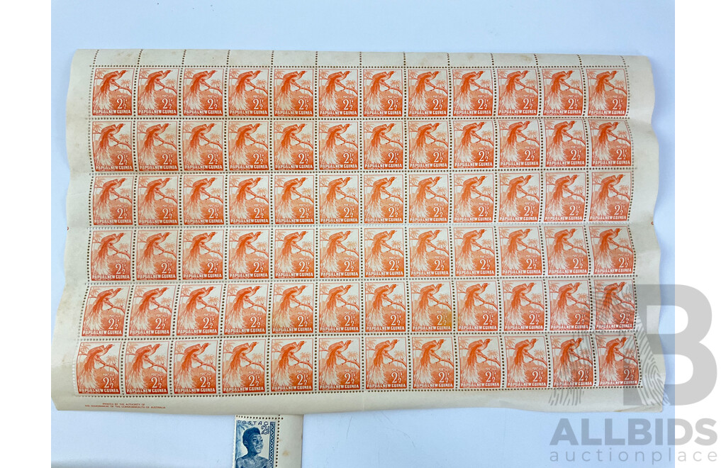 Papua New Guinea 1952-1960 Mint Stamp Sheet and Blocks, Two and Two Half Penny, Printed by Authority of the Government of the Commonwealth of Australia