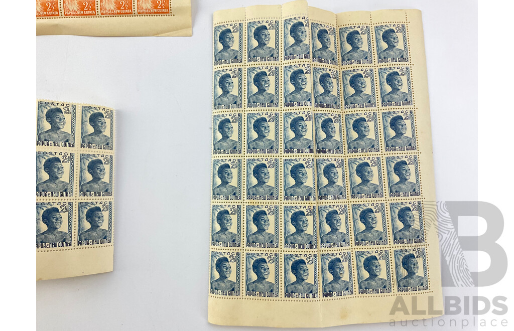 Papua New Guinea 1952-1960 Mint Stamp Sheet and Blocks, Two and Two Half Penny, Printed by Authority of the Government of the Commonwealth of Australia