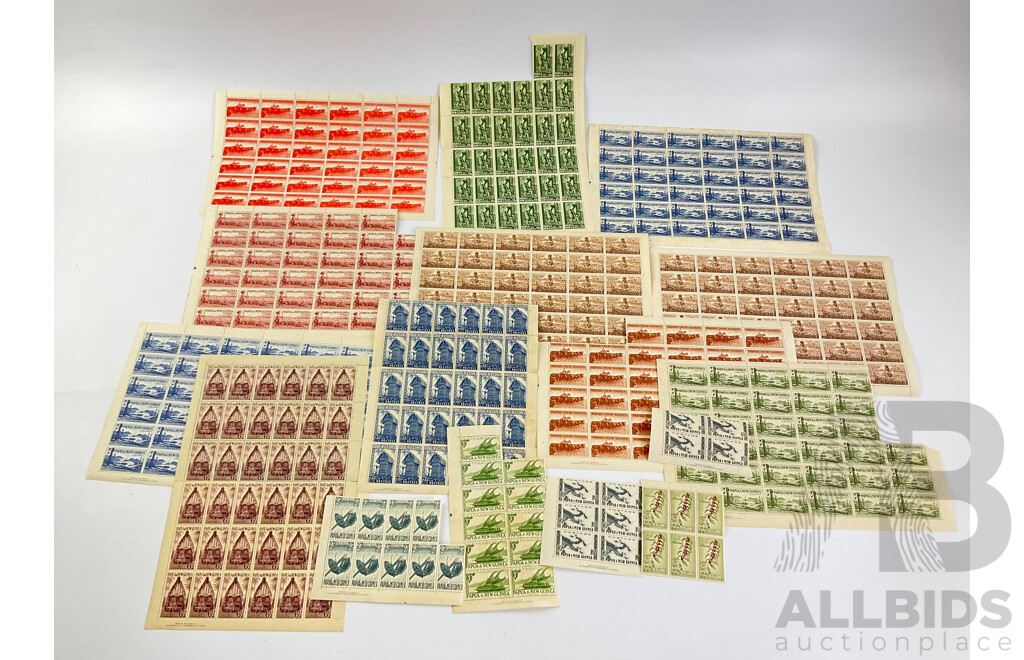 Papua New Guinea 1950's Stamp Sheets and Blocks, Various Denominations, Printed by Authority of the Government of the Commonwealth of Australia