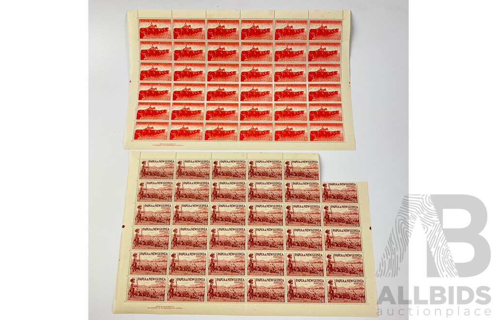 Papua New Guinea 1950's Stamp Sheets and Blocks, Various Denominations, Printed by Authority of the Government of the Commonwealth of Australia