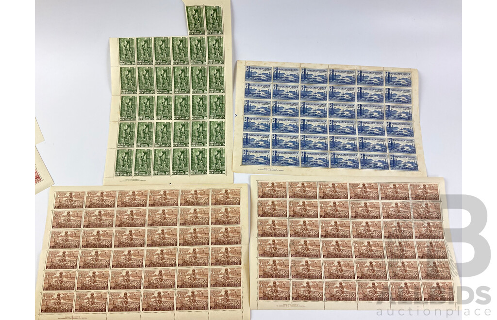 Papua New Guinea 1950's Stamp Sheets and Blocks, Various Denominations, Printed by Authority of the Government of the Commonwealth of Australia