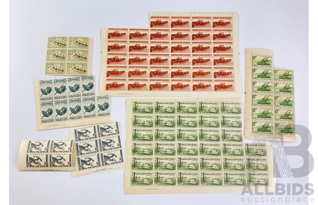 Papua New Guinea 1950's Stamp Sheets and Blocks, Various Denominations, Printed by Authority of the Government of the Commonwealth of Australia