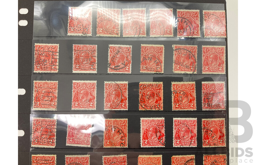 Australian 1913-1930's KGV Two Pence Stamps, Various Water Marks, Shades and Pearls