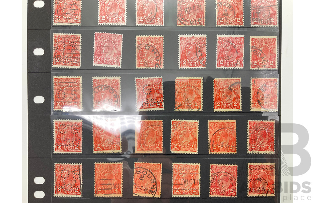 Australian 1913-1930's KGV Two Pence Stamps, Various Water Marks, Shades and Pearls