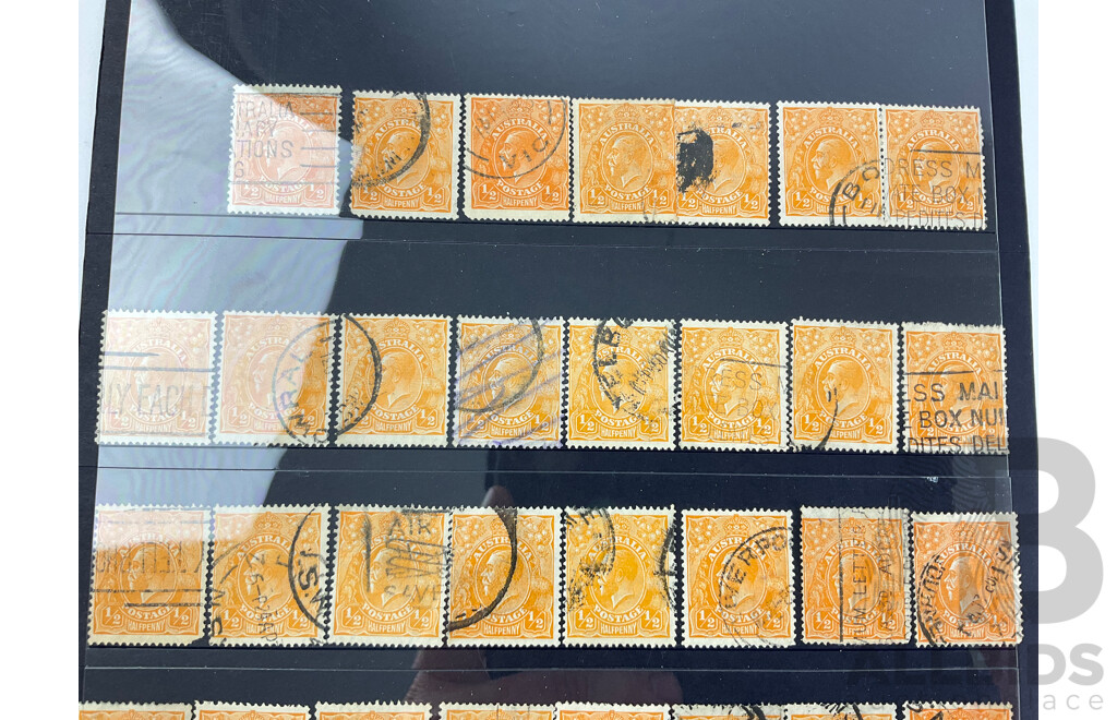 Australian 1913-1930's KGV Orange Half Penny Stamps, Various Watermarks, Shades, and Perforations