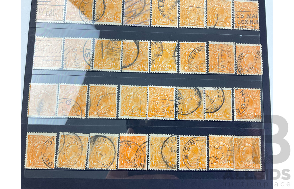 Australian 1913-1930's KGV Orange Half Penny Stamps, Various Watermarks, Shades, and Perforations