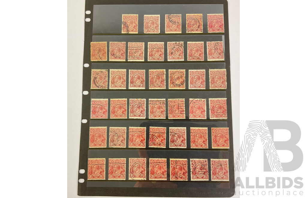 Australian 1913-1930 KGV Brown One and Half Penny Stamps, Various Watermarks, Shades, and Perforations