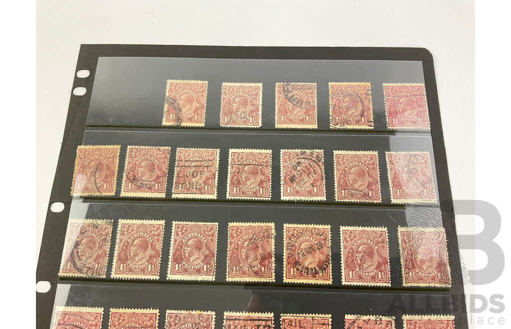 Australian 1913-1930 KGV Brown One and Half Penny Stamps, Various Watermarks, Shades, and Perforations