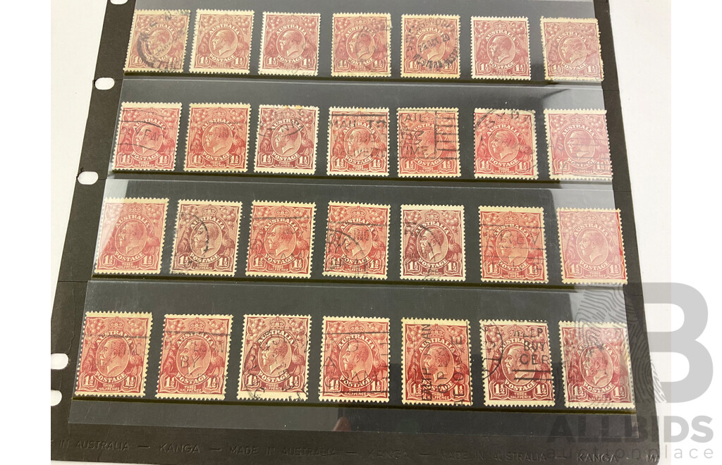 Australian 1913-1930 KGV Brown One and Half Penny Stamps, Various Watermarks, Shades, and Perforations