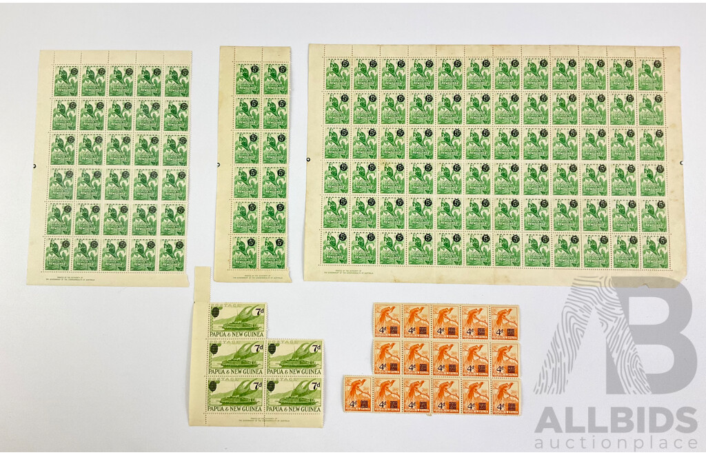 Papua New Guinea 1950's Mint Stamp Sheet, Blocks and Gutters Including Overprints, Seven, Five and Four Penny, Printed by Authority of the Government of the Commonwealth of Australia