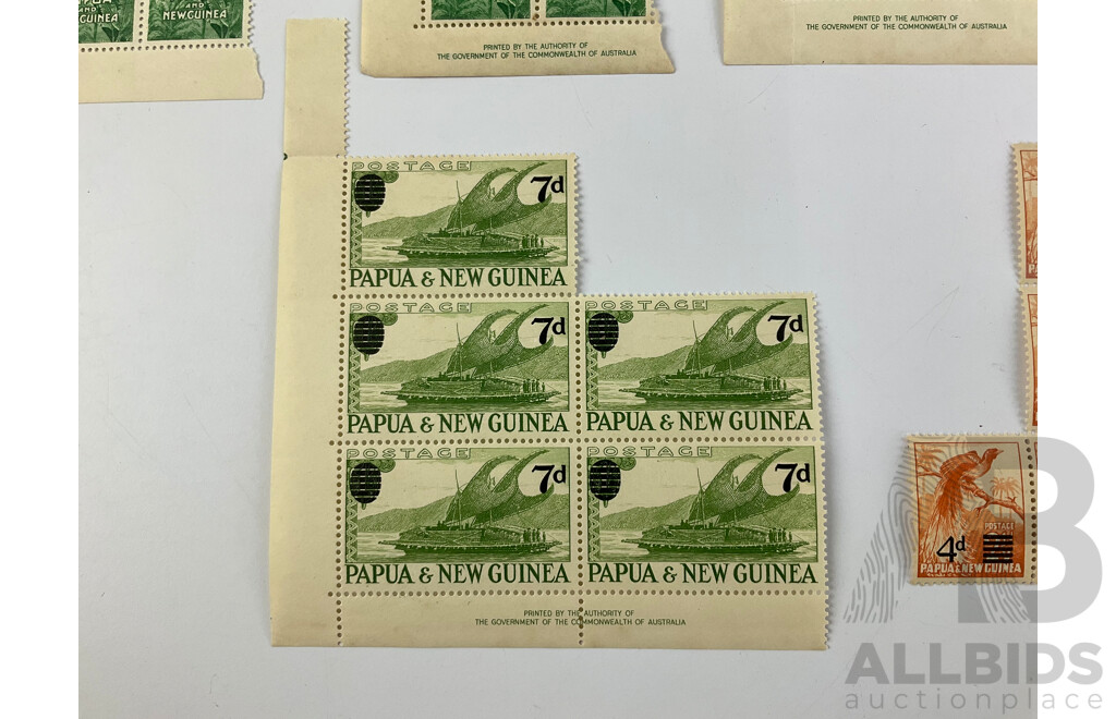 Papua New Guinea 1950's Mint Stamp Sheet, Blocks and Gutters Including Overprints, Seven, Five and Four Penny, Printed by Authority of the Government of the Commonwealth of Australia