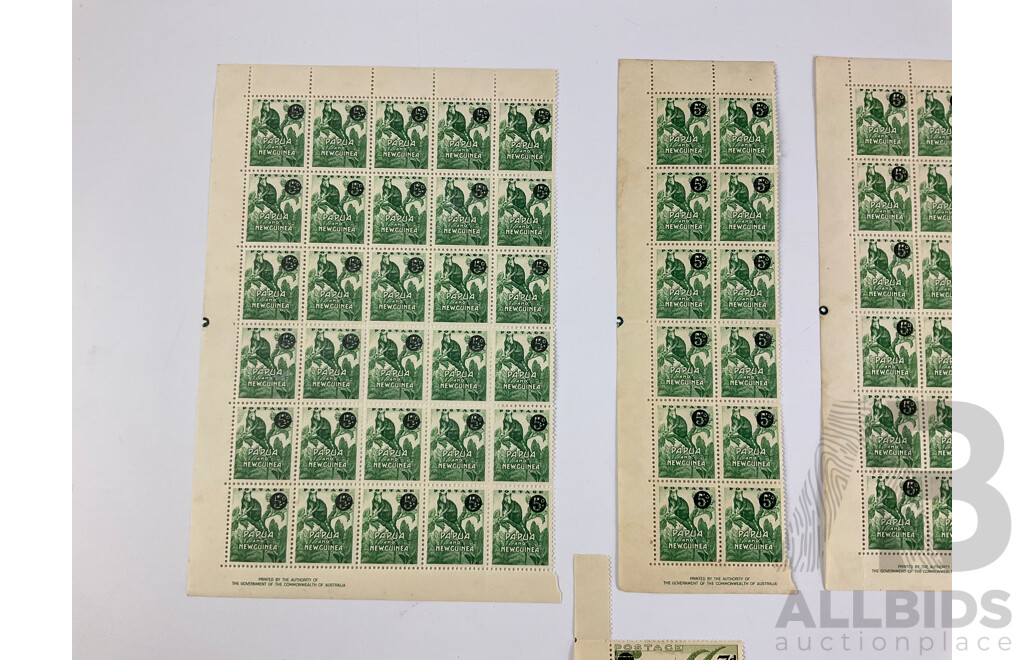 Papua New Guinea 1950's Mint Stamp Sheet, Blocks and Gutters Including Overprints, Seven, Five and Four Penny, Printed by Authority of the Government of the Commonwealth of Australia