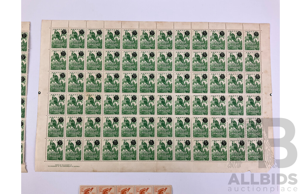 Papua New Guinea 1950's Mint Stamp Sheet, Blocks and Gutters Including Overprints, Seven, Five and Four Penny, Printed by Authority of the Government of the Commonwealth of Australia