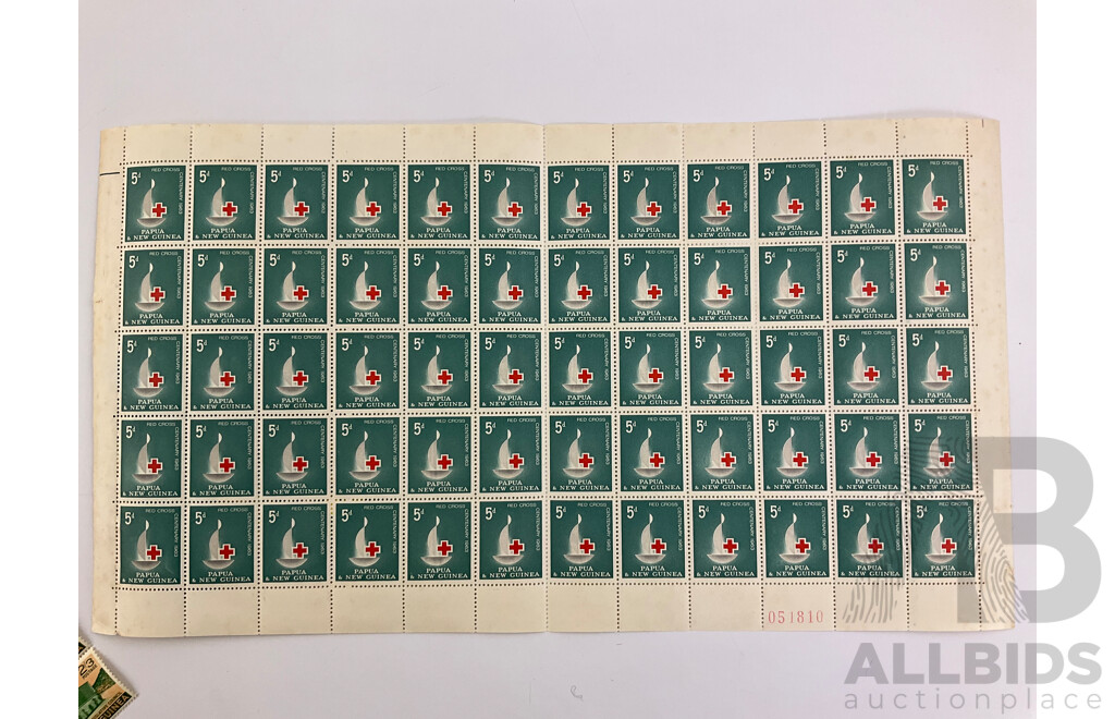 Papua New Guinea Early 1960's Stamp Sheets and Blocks, Various Denominations, Some Printed by Authority of the Government of the Commonwealth of Australia