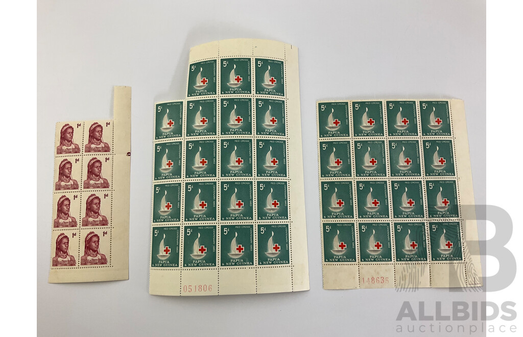 Papua New Guinea Early 1960's Stamp Sheets and Blocks, Various Denominations, Some Printed by Authority of the Government of the Commonwealth of Australia