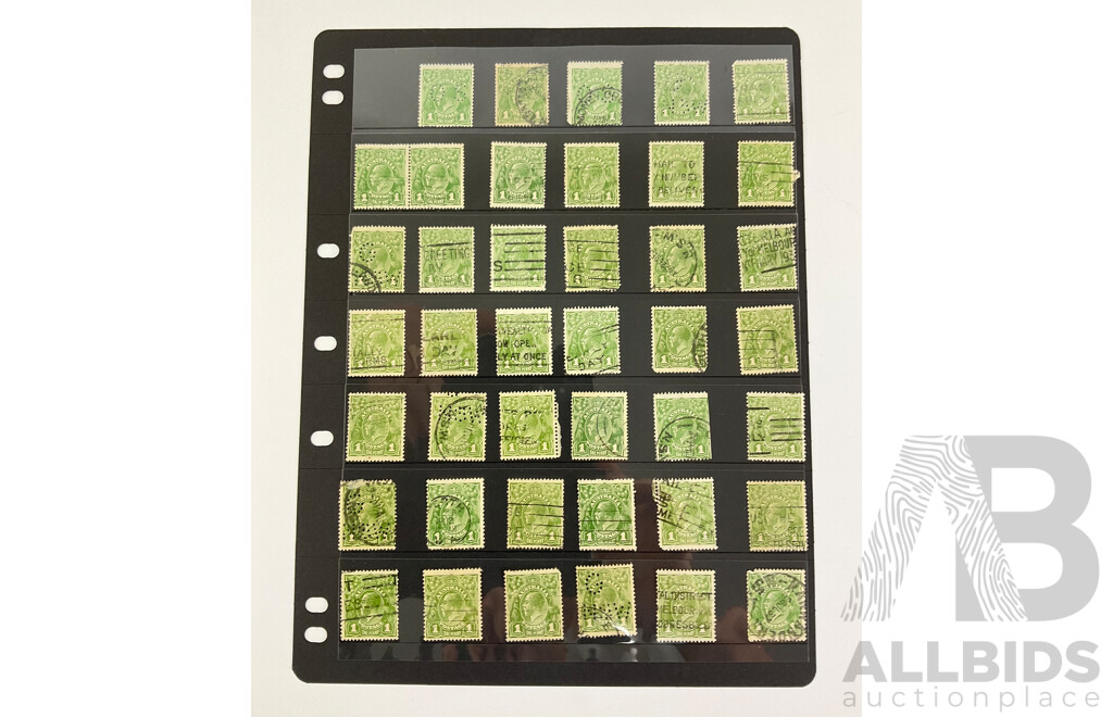 Australian 1913-1930's KGV One Penny Green Cancelled Stamps, Various Watermarks, Shades, Perforations, Including OS, G/NSW