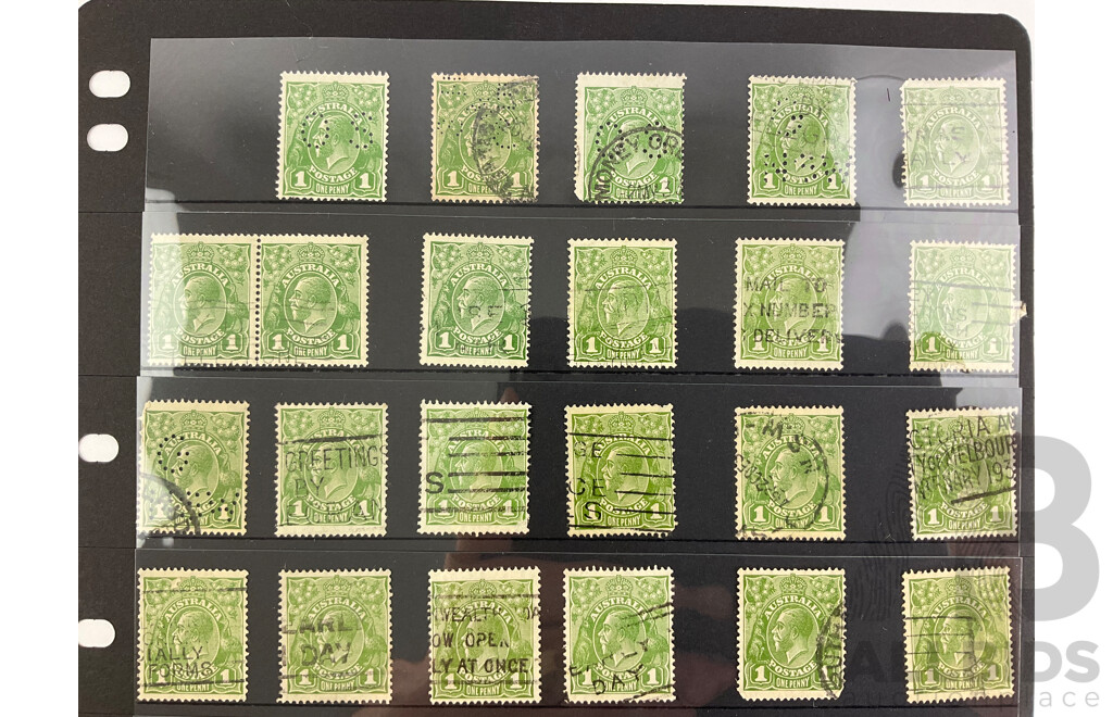 Australian 1913-1930's KGV One Penny Green Cancelled Stamps, Various Watermarks, Shades, Perforations, Including OS, G/NSW