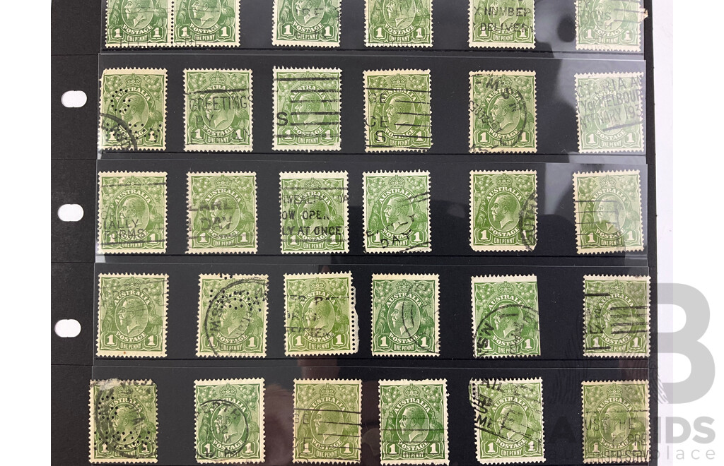 Australian 1913-1930's KGV One Penny Green Cancelled Stamps, Various Watermarks, Shades, Perforations, Including OS, G/NSW