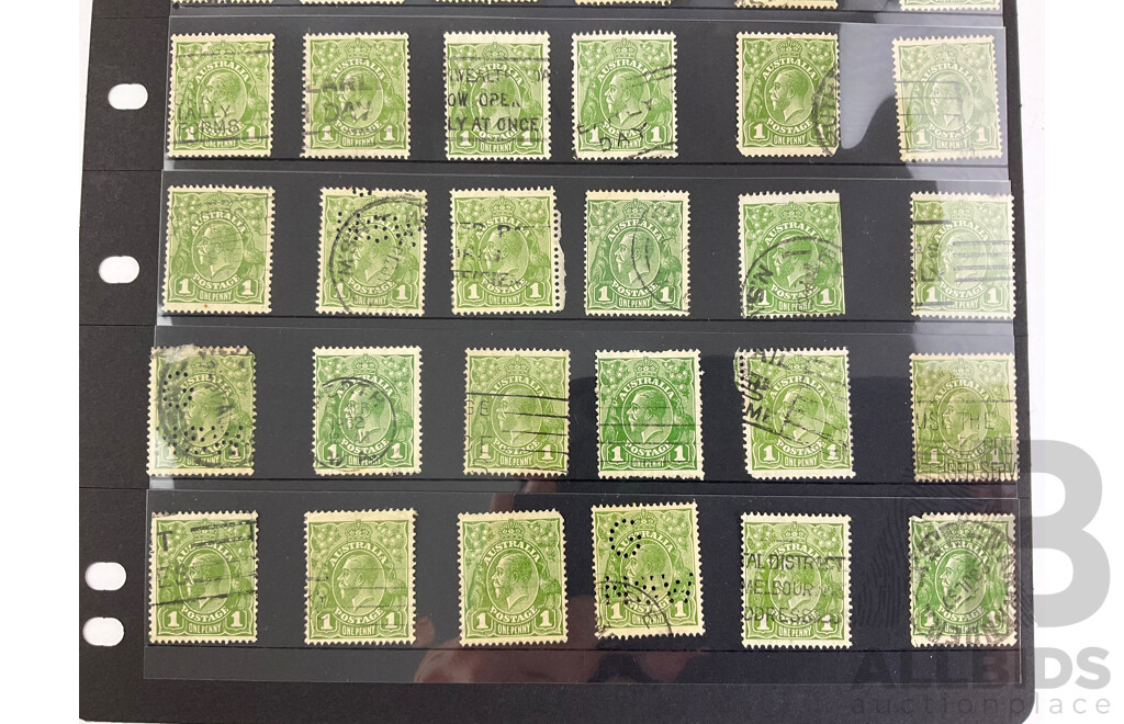 Australian 1913-1930's KGV One Penny Green Cancelled Stamps, Various Watermarks, Shades, Perforations, Including OS, G/NSW