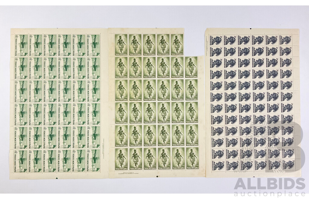 Three Papua New Guinea 1960's Stamp Sheets Including Three, Eight Penny, and One Shilling, Printed by the Authority of the Government of the Commonwealth of Australia