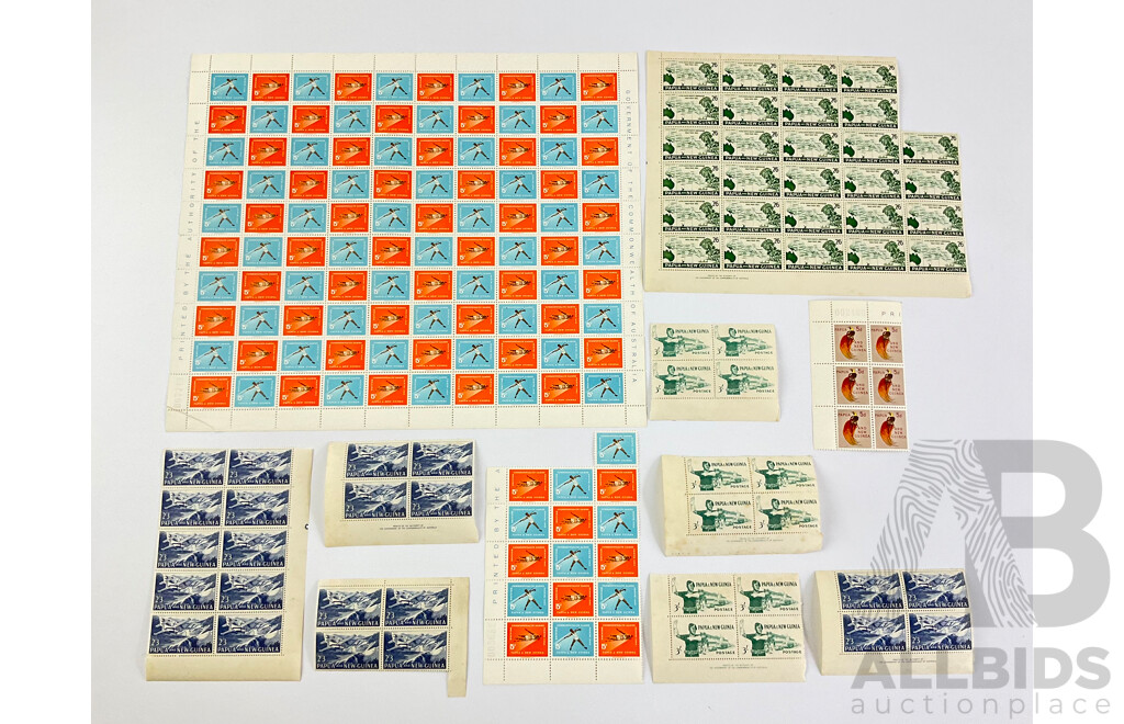 Papua New Guinea 1960's Mint Stamp Sheet and Blocks, Including 1962 Commonwealth Games, 1962 Fifth South Pacific Conference, Printed by the Authority of the Government of the Commonwealth of Australia