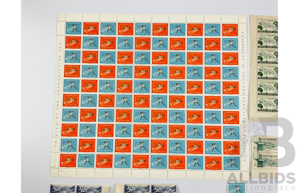 Papua New Guinea 1960's Mint Stamp Sheet and Blocks, Including 1962 Commonwealth Games, 1962 Fifth South Pacific Conference, Printed by the Authority of the Government of the Commonwealth of Australia