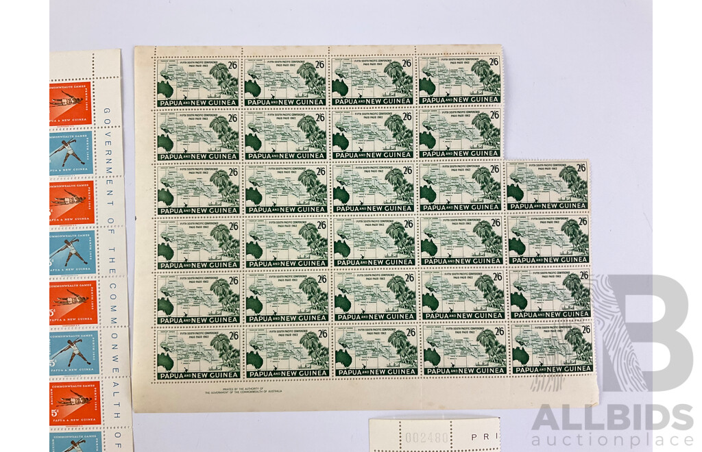 Papua New Guinea 1960's Mint Stamp Sheet and Blocks, Including 1962 Commonwealth Games, 1962 Fifth South Pacific Conference, Printed by the Authority of the Government of the Commonwealth of Australia