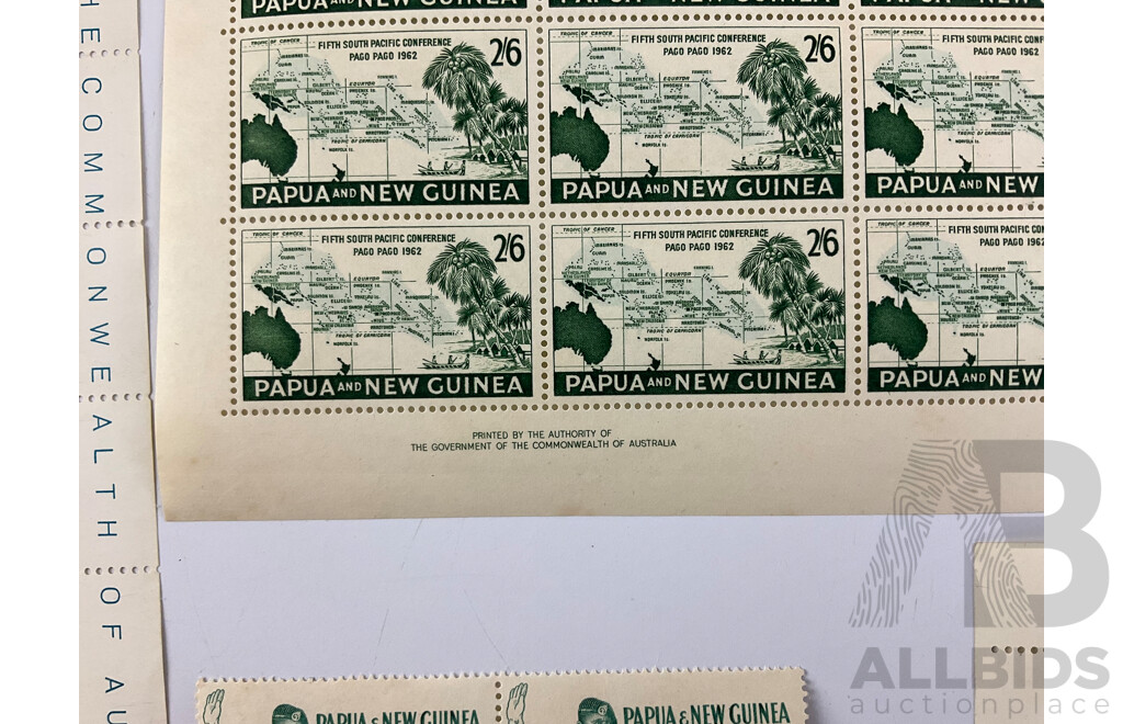 Papua New Guinea 1960's Mint Stamp Sheet and Blocks, Including 1962 Commonwealth Games, 1962 Fifth South Pacific Conference, Printed by the Authority of the Government of the Commonwealth of Australia